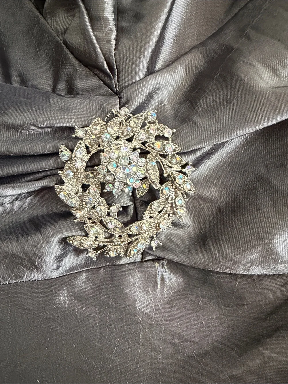 JR Nites Metallic Gray Ruffle Lapel Blazer with Decorative Brooch